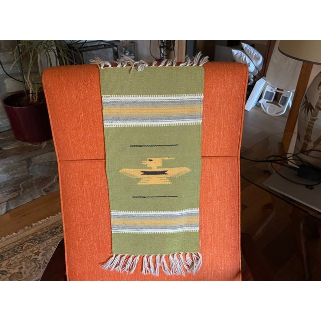 Workaday Handmade Vintage Chimayo Long Thunderbird Lime Green Geometric Weaving For Sale - Image 4 of 5
