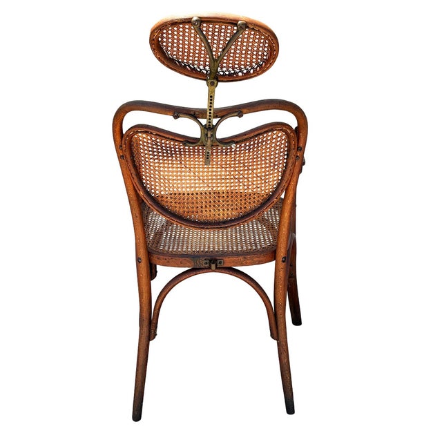 Rare Late Victorian Bent Oak and Brass Barbers Chair With Cane Seat, Austria For Sale - Image 4 of 7