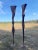 Monumental pair of welded and oxidized steel sculptures, likely executed in Corten or a similar weathering steel. Entirely...