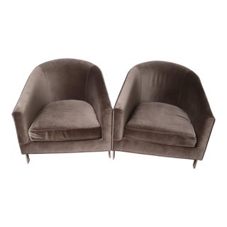 Pair of Mitchell Gold + Bob Williams Avery Velvet and Stainless Steel Barrel Chairs - Postmodern Hollywood Regency Lounge Seating For Sale
