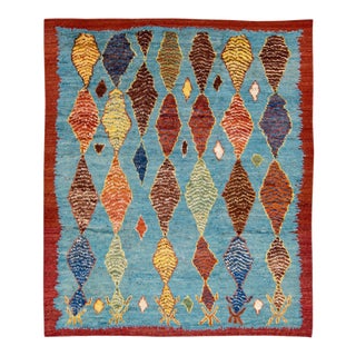 Blue Modern Moroccan Style Handmade Multicolor Tribal Motif Wool Rug For Sale