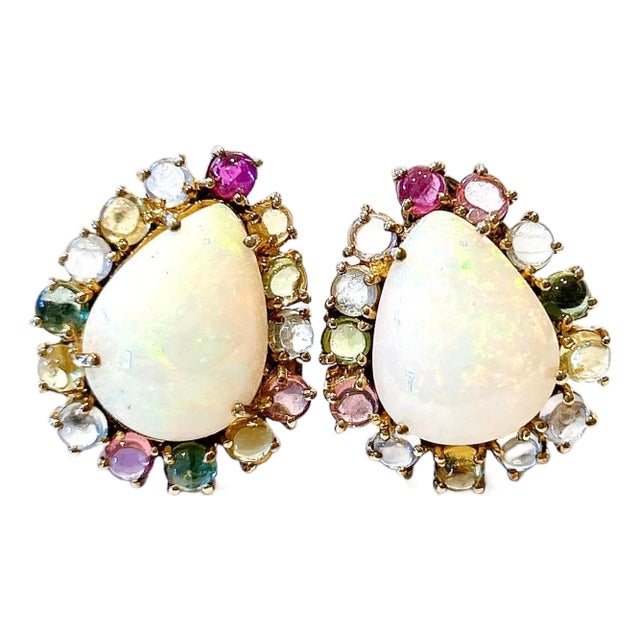 Bochic “Capri” Vintage Opal & Multi Tourmaline Earrings Set In 18K Gold & Silver For Sale