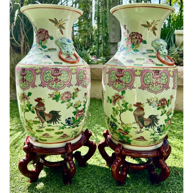 Chinese Pair of Antique 19th Century Rare Chinese Porcelain Vases Hand Painted Roosters, Florals & Insects For Sale - Image 3 of 18