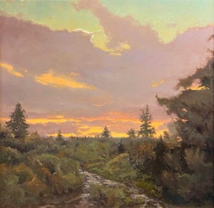 Falls Afterglow by Harold Deist | Oil Painting of a sunset over a forested landscape