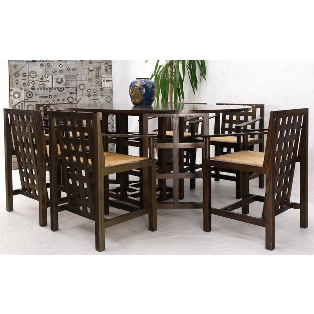 Late 20th Century Brown Oak Cassina Macintosh Drop Leaf Dining Table 6 Rush Seat Chairs Set Mint For Sale - Image 14 of 18