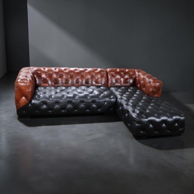 Two-Tone Chesterfield Sectional in Black & Cognac Leather — Sculptural Modern Statement For Sale - Image 10 of 15