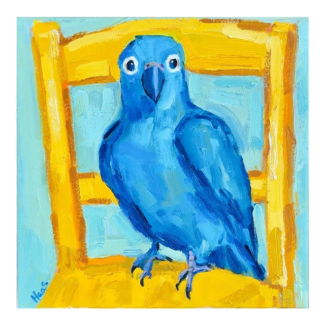 Blue Parrot on Yellow Chair Oil Painting Original Art For Sale