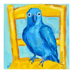 Blue Parrot on Yellow Chair Oil Painting Original Art