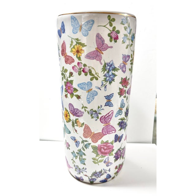 Chinoiserie Vintage Butterfly & Botanical Ceramic Umbrella Stand Floor Vase With Gold Rim, Late 20th Century For Sale - Image 3 of 8