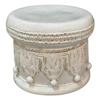 Vintage White Glazed Ceramic Drum Stool/Garden Seat With Neoclassical Relief For Sale