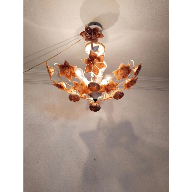 Vintage Italian Porcelain & Amber Brown Murano Glass Flower Chandelier For Sale - Image 4 of 10