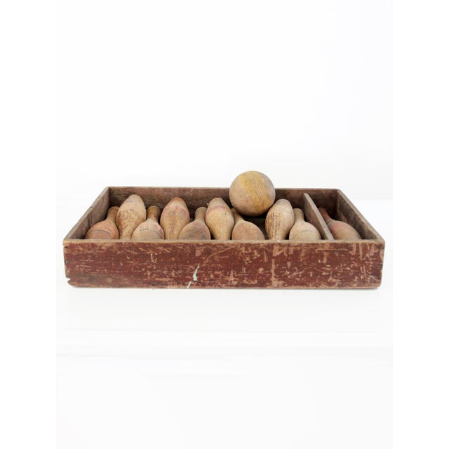 American Antique Wooden Bowling Pins Game With Box For Sale - Image 3 of 12