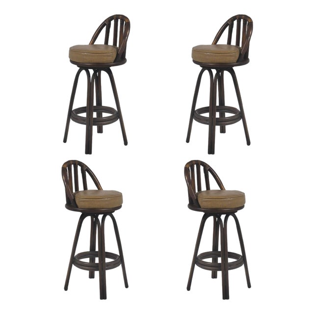 Rattan Organic Modern Swivel Bar Stools (Set of 4) For Sale
