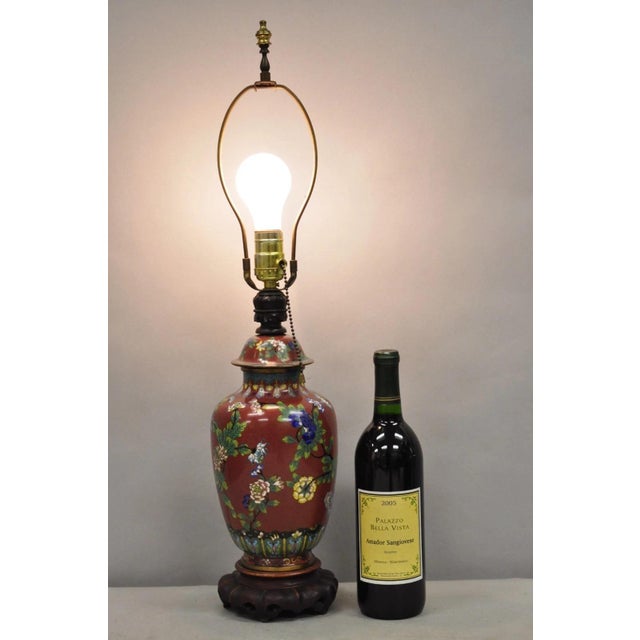 Vintage Chinese Porcelain Enamel Bronze Red Cloisonne Champleve Vase Table Lamp For Sale - Image 10 of 10