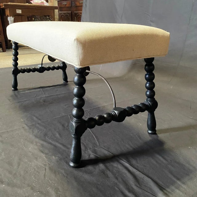 Spanish Spanish Antique Ebony Barley Twist Bench Ottoman With Wrought Iron Stretchers For Sale - Image 3 of 9