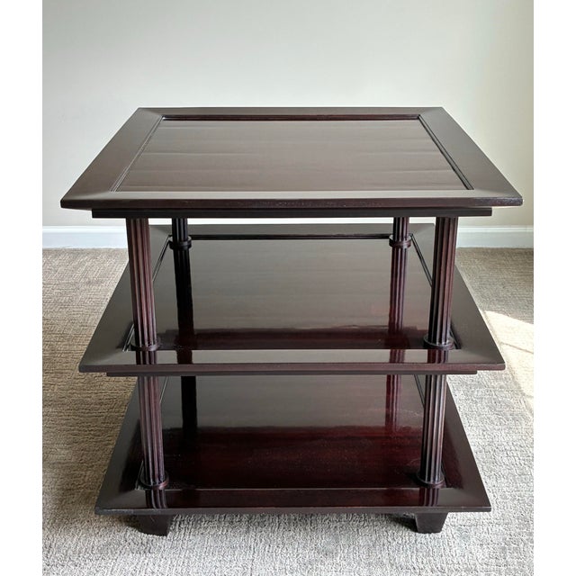 Sophisticated Baker Furniture three-tier etagere side table from the renowned Barbara Barry Collection, crafted in richly...