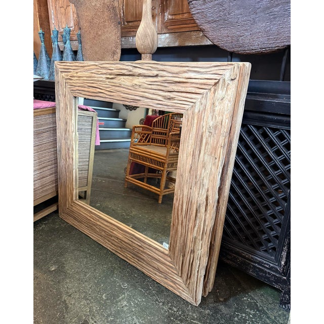Tan Deep Grain Rustic Wood Wall Mirror For Sale - Image 8 of 8