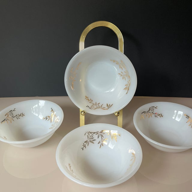 Vintage Federal milk glass dessert/fruit bowl in the “Golden Glory” pattern, 22 kt gold. It is heat proof stamped on the...