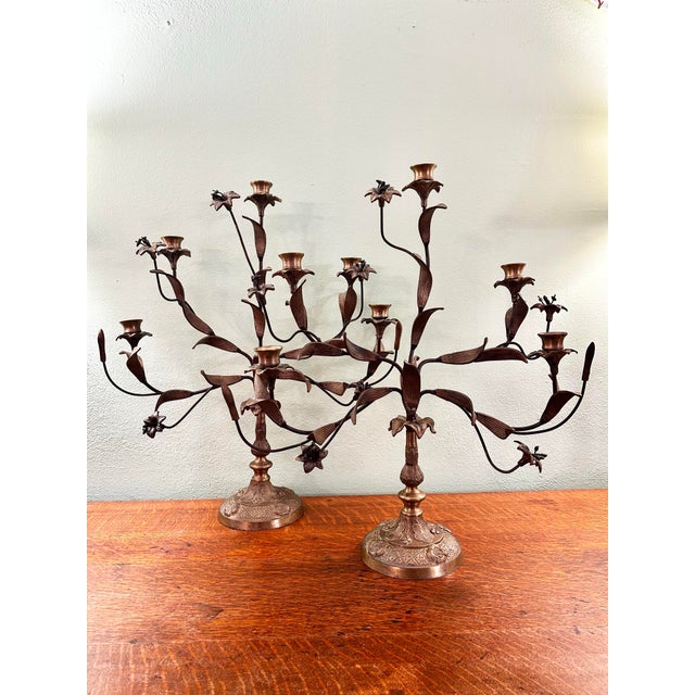 Vintage Italian or French Style Solid Brass Five-Light Floral Tole Candelabra With Original Gilt Finish For Sale In New Orleans - Image 6 of 14