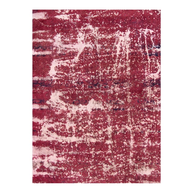 Vintage Distressed Overdyed Handmade Ruby-Red Abstract Wool Rug For Sale