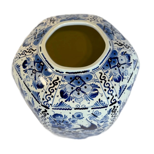 Ceramic 1970s Large Hand-Painted Delft Blue & White Vase With Bird Motif For Sale - Image 7 of 11