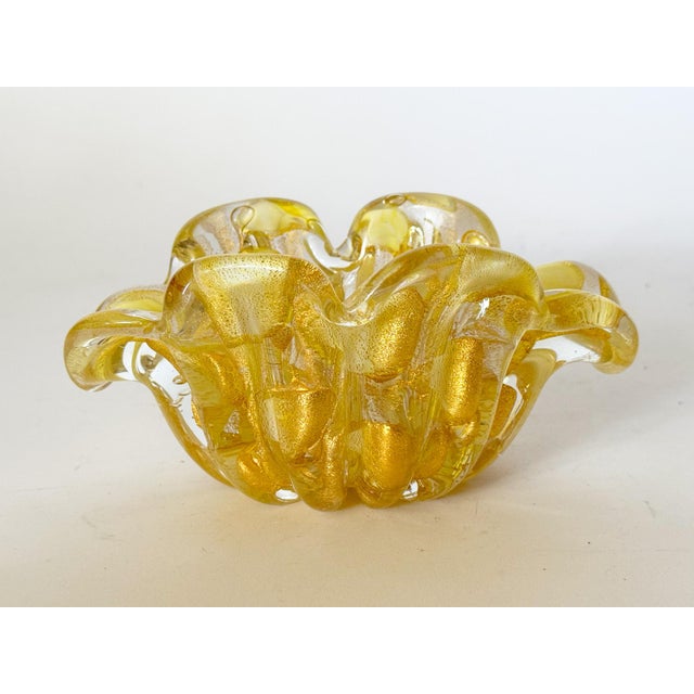Glass 1950s Barovier & Toso Murano Yellow Spots Gold Flecks Italian Art Glass Flower Form Bowl For Sale - Image 7 of 16