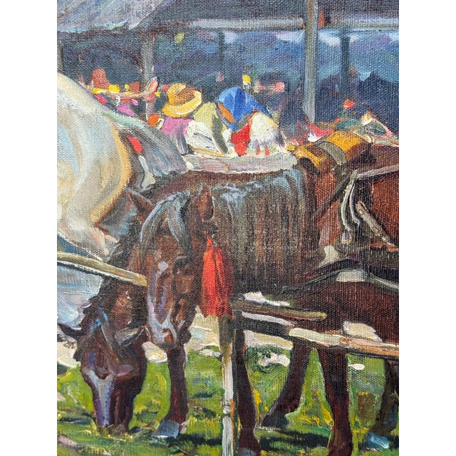 Blue Vintage Painting on Canvas of Hungarian Horse Race- Signed For Sale - Image 8 of 14