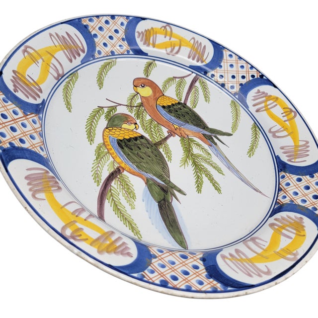 C1890 French Faience Delftware Polychrome Charger With Parrot Motif Tin Glazed Earthenware Shallow Bowl Wall Decor Plate For Sale - Image 4 of 8