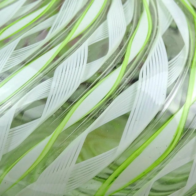 Mid 20th Century Vintage Murano Fratelli Toso Green White Swirl Ribbons Italian Art Glass Soliflore Long Neck Flower Vase For Sale - Image 5 of 7