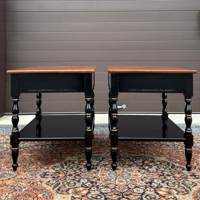 Vintage L. Hitchcock Country Farmhouse Solid Maple 1 Drawer Side Tables in Black / Harvest Maple - A Pair For Sale - Image 10 of 17