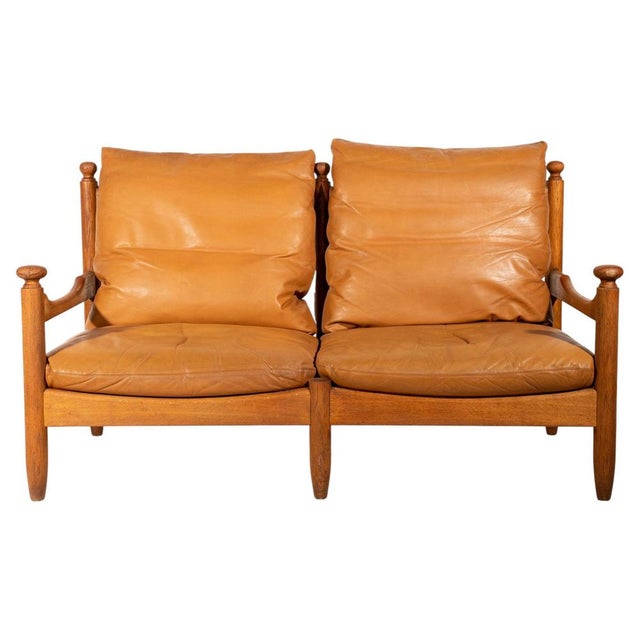 Mid-Century Modern Brutalist 2-Seater Sofa in Oak and Leather by Guillerme et Chambron, 1950s For Sale - Image 10 of 10