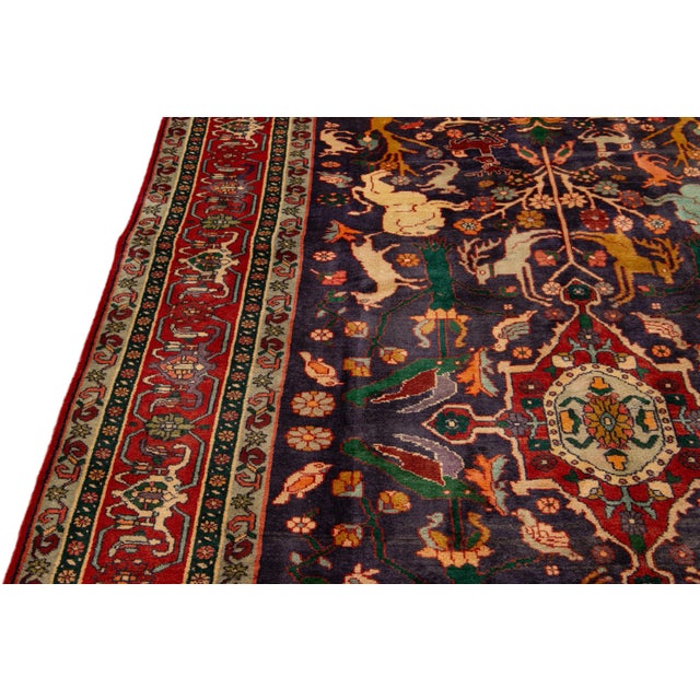 Textile Vintage Shiraz Handmade Pictorial Designed Blue Wool Rug For Sale - Image 7 of 11