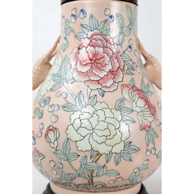 Pink Famille Rose Vase Lamp With Animal Head Handles and Flowers For Sale - Image 8 of 9