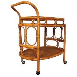 1980s Hollywood Regency Rattan & Bamboo Bar Cart For Sale