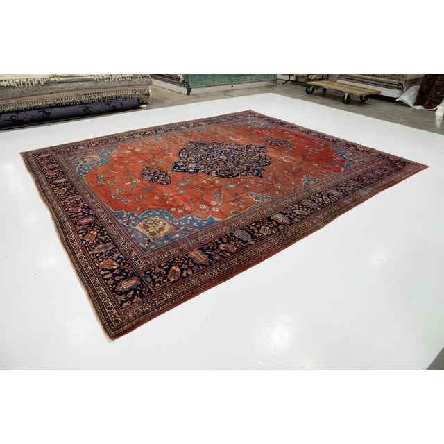 Persian 1880s Antique Persian Farahan Wool Rug Handmade in Rust With Medallion Design For Sale - Image 3 of 11