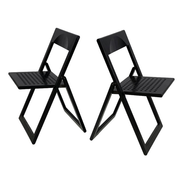 Italian Modern Black Wooden Folding Chairs, 1980s, Set of 2 For Sale