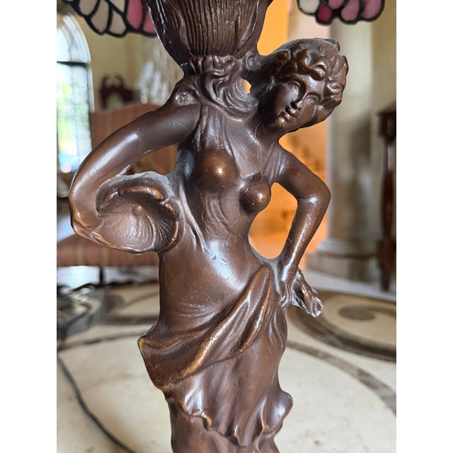 Late 20th Century Tiffany Style Figural Lady Stained Floral Table Lamp For Sale - Image 12 of 13