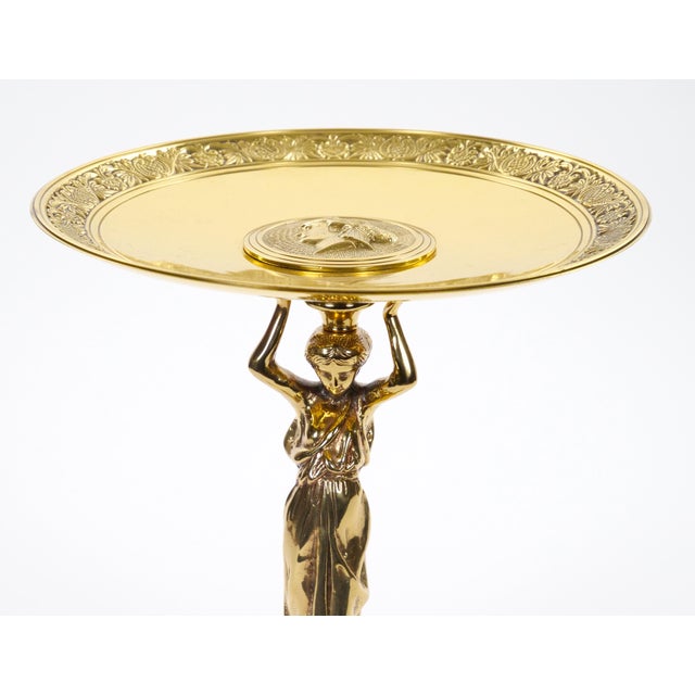 French 20th Century Classical Brass Maiden Figural Centerpiece With Relief Medal For Sale - Image 4 of 11