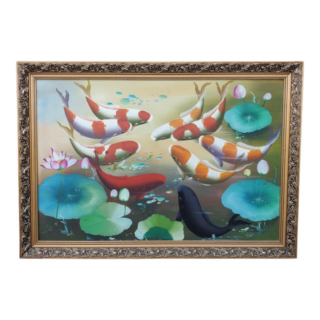 Vintage Koi Fish Painting Framed Oil on Board For Sale