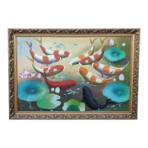 Vintage Koi Fish Painting Framed Oil on Board