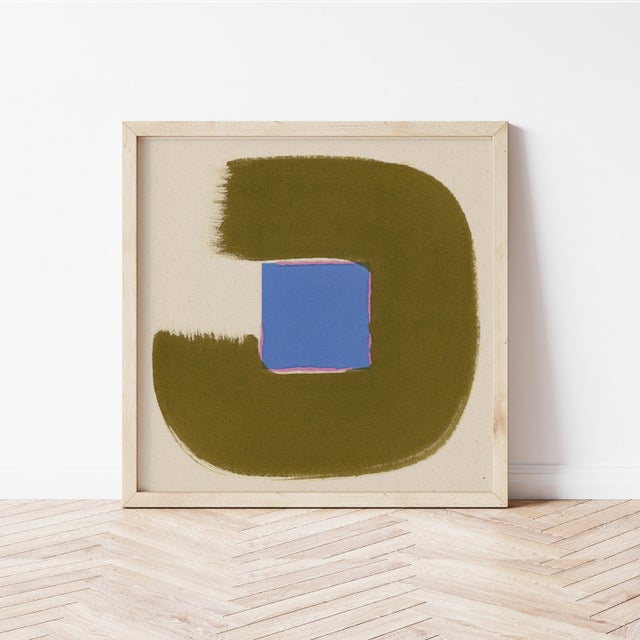 Mid-Century Modern Olive Green and Blue Abstract Modern Art Print, Square, 24 X 24 Print in Wood Frame For Sale - Image 3 of 4
