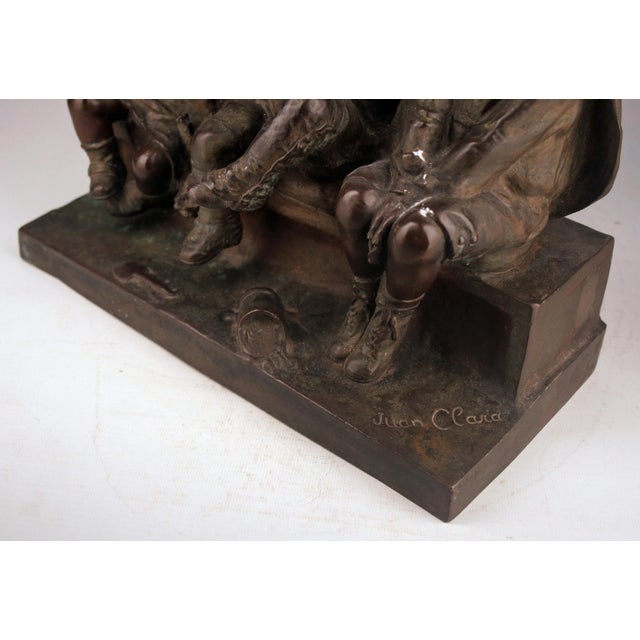 Coffee 'Watching Something': Patinated Bronze Sculpture of Three Children Laughing and Sitting on a Bench by Spanish Artist Juan Clara For Sale - Image 8 of 12