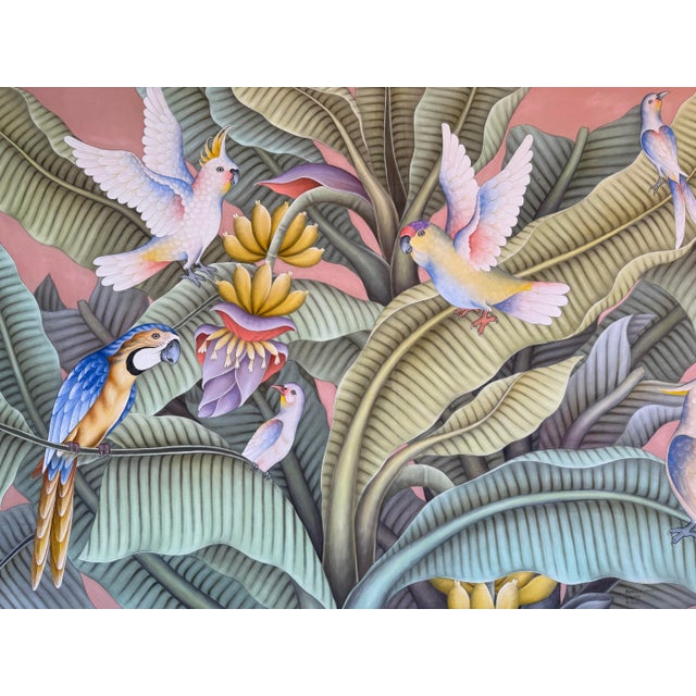 Oversize- Vintage Balinese Tropical Birds & Banana Leaf Acrylic Painting on Canvas For Sale - Image 10 of 14