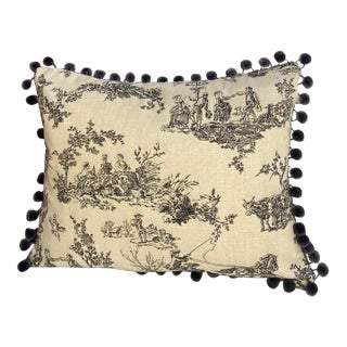 Musical Figures Hand Printed Toile in Charcoal Rectangle Designer Pillow With Down Feather Insert For Sale