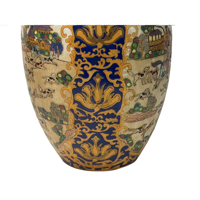 Vintage Style Beige Blue Hunting Scene Graphic Porcelain Art Jar For Sale - Image 10 of 13