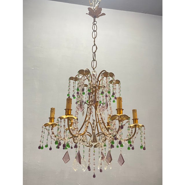 1950s Italian Florentine Tole Gilt Murano Glass Beaded 6-Light Chandelier, 1950s For Sale - Image 5 of 17