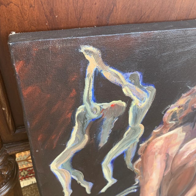 Dated from 1992. Made by the artist Myrna Gordon. Canvas painting depicting multiple figures. An intriguing piece.