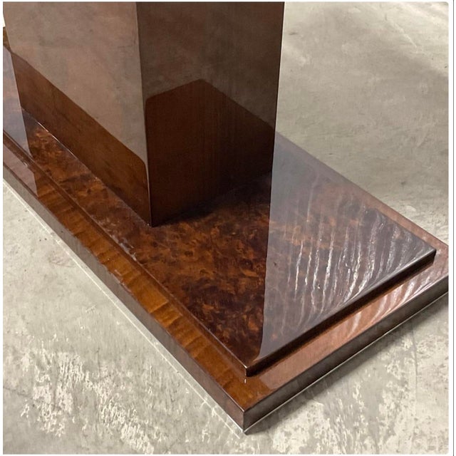 Vintage Mid-Century Modern Sculptural Glass Console Table With a Burl Wood Veneer Pedestal & Chrome Base For Sale In Charleston - Image 6 of 7