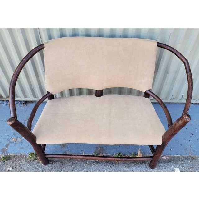 Folk Art 1940s Old Hickory Child's Settee in Suede Leather Seat For Sale - Image 3 of 7