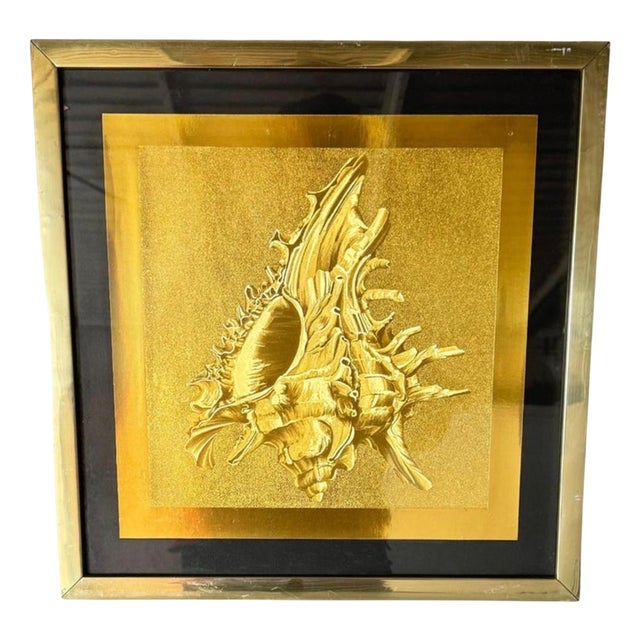 Modern Embossed Gold Shell Artwork with Metallic Finish & Layered Framing, 1960s For Sale